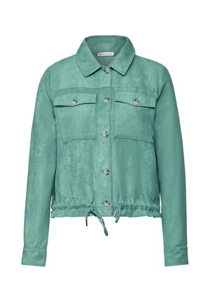 Giacca in velluto a coste color teal con maniche lunghe, chiusura frontale con bottoni, due tasche sul petto e orlo con coulisse. Texture liscia e design casual.