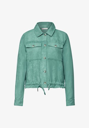 Giacca in velluto a coste color teal con maniche lunghe, chiusura frontale con bottoni, due tasche sul petto e orlo con coulisse. Texture liscia e design casual.