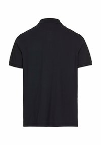Zwarte poloshirt met een klassieke kraag, korte mouwen en een gladde katoenstructuur. Geen zichtbare logo's of patronen.