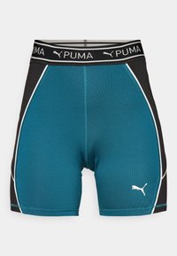 Szare i czarne szorty sportowe Puma z białymi lamówkami, elastyczny pas z logo Puma oraz symbolem skaczącego kota na lewej nogawce.