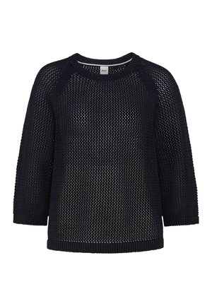 Black loose-knit sweater with three-quarter sleeves and ribbed edges, featuring a round neckline and breathable open weave texture.