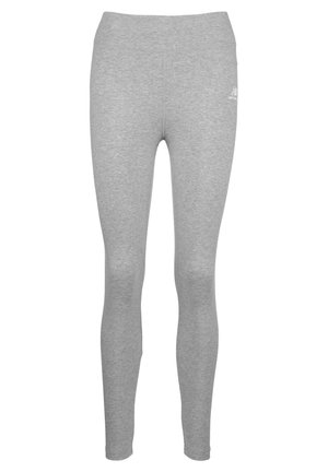 Lysegrå tætsiddende leggings med lille hvidt logo på det øvre venstre lår, lavet af blødt, elastisk stof.