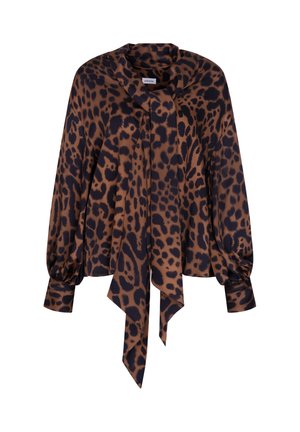Leopardprint blouse in bruin en zwart, gemaakt van zachte stof. Beschikt over een strikdetail bij de hals en pofmouwen.