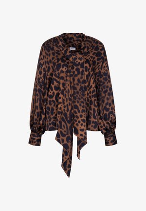 Leopardprint blouse in bruin en zwart, gemaakt van zachte stof. Beschikt over een strikdetail bij de hals en pofmouwen.