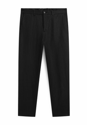 Black cotton trousers with a straight-leg cut, featuring a button closure, belt loops, and two side pockets. Smooth texture and minimalist design.