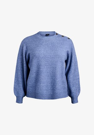 Blue knitted sweater with a rounded neckline, dropped shoulders, ribbed cuffs, and a hem. Features decorative buttons on the left shoulder.