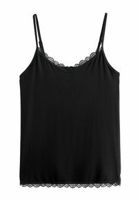 Camisole noire sans manches avec fines bretelles réglables et bordure en dentelle sur l'encolure et l'ourlet.