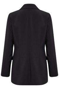 Sort skræddersyet blazer vist bagfra med lange ærmer, en hakket krave og en glat, figursyet silhuet.