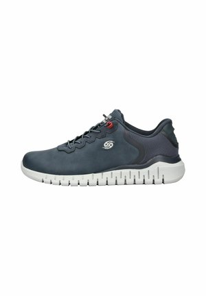 Mannen's donkerblauwe sportschoenen met een gladde leren bovenkant, elastische veters en een witte rubberen zool met diepe groeven voor grip.