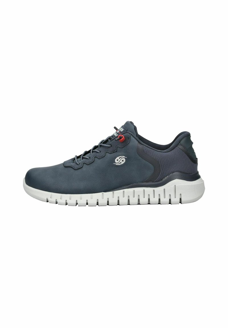 Chaussures de sport pour hommes en bleu foncé avec un dessus en simili cuir lisse, des lacets élastiques et une semelle en caoutchouc blanche présentant des rainures profondes pour une meilleure traction.