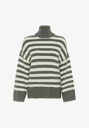 Svītrota džemperis, izgatavots no adītas auduma; ar augstu apkakli, platām piedurknēm un horizontālām svītrām tumši zaļā un krēmkrāsas.