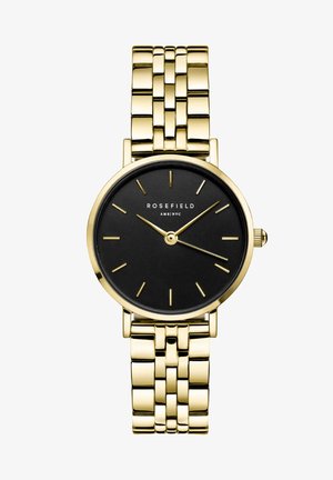 Gouden metalen horloge met een zwarte ronde wijzerplaat, voorzien van minimalistische uurmarkeringen en een schakelsband ontwerp. Rosefield-logo zichtbaar.