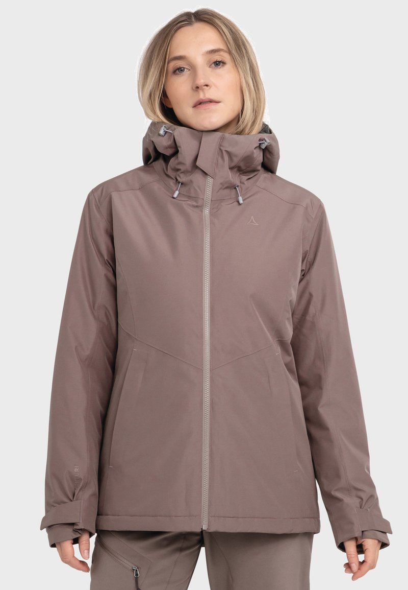 Braune wasserdichte Jacke mit Reißverschluss, verstellbarem Kapuzenkragen und elastischen Bündchen. Sie zeichnet sich durch eine glatte Textur und ein minimalistisches Design aus.