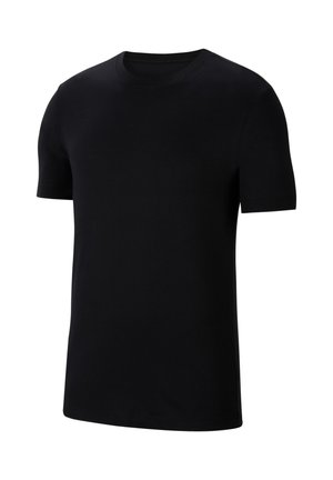 Schwarz Baumwoll-T-Shirt mit Rundhalsausschnitt, kurzen Ärmeln und glatter Textur. Einfaches Design ohne sichtbare Muster oder Akzente.
