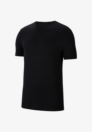 Schwarz Baumwoll-T-Shirt mit Rundhalsausschnitt, kurzen Ärmeln und glatter Textur. Einfaches Design ohne sichtbare Muster oder Akzente.