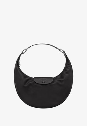 Black crescent-shaped leather handbag with a short strap, flap closure, and embossed logo on the front flap.