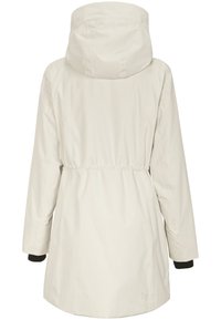 Veste d'extérieur beige clair avec capuche, taille à cordon, manches longues, poignets élastiques et texture lisse. Design simple avec des accents minimalistes.