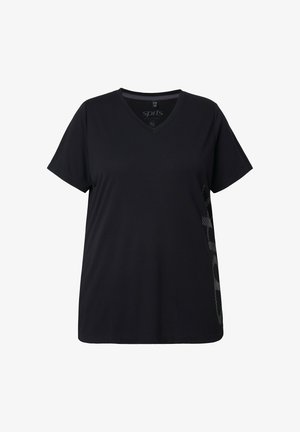 Sort T-shirt med V-hals lavet af blødt stof, med korte ærmer og et sidestribet grafisk design i en kontrasterende grå farve.