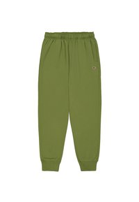 Pantalones de chándal verde oliva hechos de una tela suave, con una cintura elástica, puños acanalados y un pequeño logotipo bordado en la cadera.
