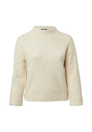 Pullover lungo beige chiaro a maniche lunghe con un collo alto, texture morbida e polsini a coste. Vestibilità casual con un design pulito e semplice.