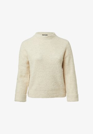 Pull-over beige clair, à manches longues, avec un col montant, une texture douce et des poignets côtelés. Coupe décontractée avec un design épuré et simple.