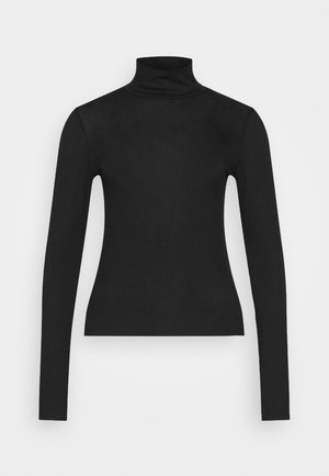 Pull à col roulé noir à manches longues fabriqué en tissu doux, avec une silhouette ajustée et un col haut. Design minimaliste sans embellissements.