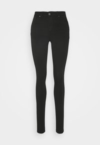 Jeans skinny negros con una cintura alta, cinco bolsillos y cierre de botón. Fabricados con una tela suave y elástica.