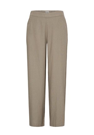 Beige broek met rechte pijpen, een hoge tailleband en zijzakken, afgebeeld tegen een witte achtergrond.