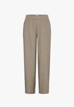 Beige broek met rechte pijpen, een hoge tailleband en zijzakken, afgebeeld tegen een witte achtergrond.