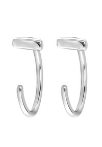 Zilveren metalen haken met een gladde, glanzende afwerking. Elke haak heeft een ovale top en een gebogen, taps toelopende vorm, geschikt voor het ophangen van voorwerpen.