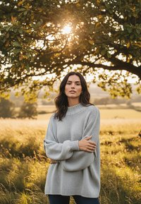 Jasnoszary, gruby sweter z wysokim kołnierzem i oversize'owymi rękawami, zestawiony z ciemnymi spodniami, na tle słonecznego, zewnętrznego krajobrazu.