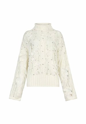 Maglione bianco spesso a maglia con motivo a treccia, maniche lunghe, colletto alto e piccoli dettagli in perline argento in tutto.