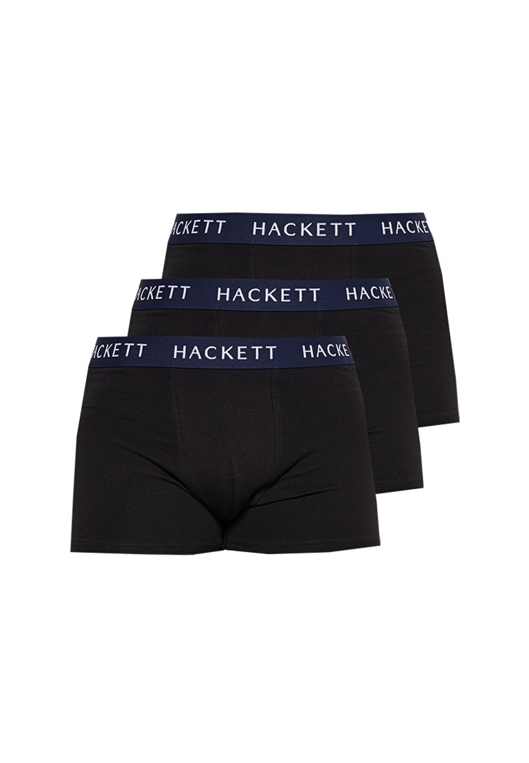 Pack de tres bóxers de algodón negro, con una cinturilla azul marino con "HACKETT" impreso en blanco. Textura suave y diseño ajustado.