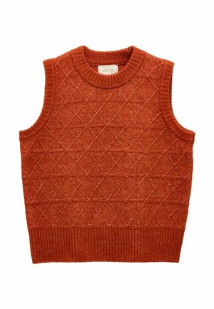 Rustfarbenes, gestricktes ärmelloses Oberteil mit einem strukturierten Diamantmuster sowie einem gerippten Ausschnitt und Saum. Hergestellt aus weichem, warmem Material.