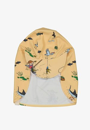 Børne solhat med nakkeklappe, dekoreret med fiskepige, traner, fisk, liljeblade og vandplanter på en lysegul baggrund.