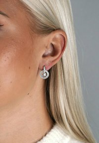 Silvercirkelformade örhängen med en central ädelsten, omgiven av en ring med mindre klara stenar, hängande från en texturerad upphängning.