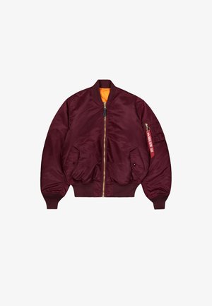 Burgundia bomber-jakk, millel on oranž vooder, soonilised varrukad ja vöökoht. Omab esi-zippi ja küljetaskut, millel on võtmehoidja detail.