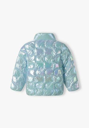 Iridescent puffer jacket in light blue, featuring a quilted pattern, short sleeves, and a collar. Material has a glossy, reflective finish.