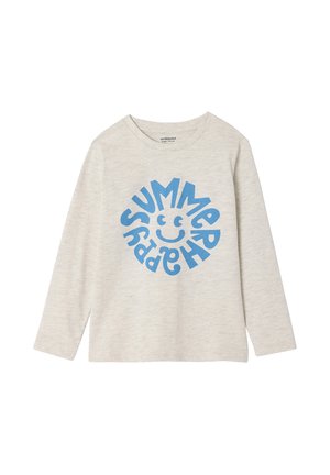 Light gray long-sleeve children's shirt with blue circular "HAPPY SUMMER" text and a smiley face in the center.