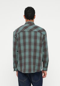 Brunternet skjorte med teal akcenter, knaplukning, lange ærmer og rygdetalje. Tekstureret stof med en afslappet pasform.