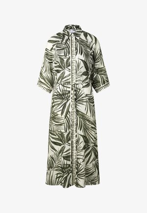 Dlouhé košilové šaty s krátkými rukávy, límečkem a zeleným tropickým listovým vzorem na bílém materiálu, opatřené opaskem na zavazování v pase.