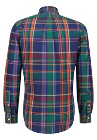 Camisa de cuadros para hombre con una mezcla de colores verde, marino, naranja y amarillo. Mangas largas con puños de botón y un cuello clásico.