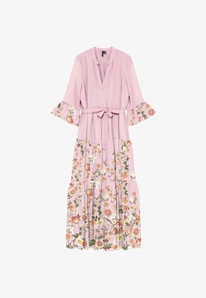 Heleroosa midi kleit lillemustriga varrukatel ja seelikul, V-kaelusega, 3/4 pikkade kellukese varrukatega ja lipsuga vööga.