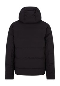 Schwarze Steppjacke mit abnehmbarer Kapuze, gestepptem Design und glatter Textur. Verfügt über elastische Bündchen und einen kurzen Schnitt.