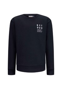 Donkerblauwe sweatshirt gemaakt van zachte stof. Heeft een ronde halslijn, lange mouwen en een voorzijde met print in witte tekst en logo-accenten.