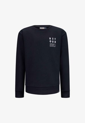 Donkerblauwe sweatshirt gemaakt van zachte stof. Heeft een ronde halslijn, lange mouwen en een voorzijde met print in witte tekst en logo-accenten.