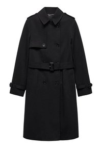 Schwarzer Trenchcoat mit doppelreihigem Design, geknöpftem Vorderteil, tailliertem Gürtel und Schulterklappen. Glatte Textur.