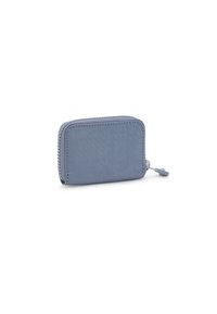 Light blue zippered wallet made of fabric, featuring a smooth texture and rounded edges. No visible branding or patterns.