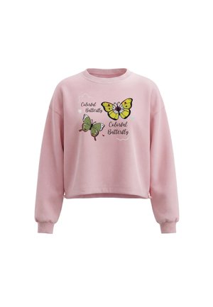 Lyserød langærmet sweatshirt med to farverige sommerfugle og teksten "Colorful Butterfly" trykt på fronten.