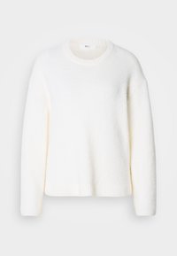 Pull blanc à manches longues avec col ras du cou, texture douce et duveteuse, avec poignets et ourlet côtelés.